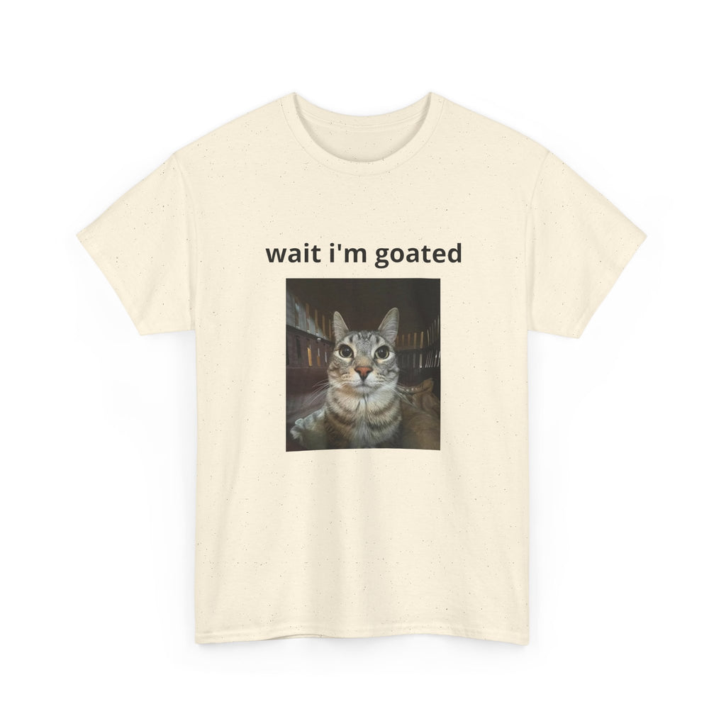 Cat Meme T‑Shirt – “wait i’m goated” Funny Cat Photo Tee