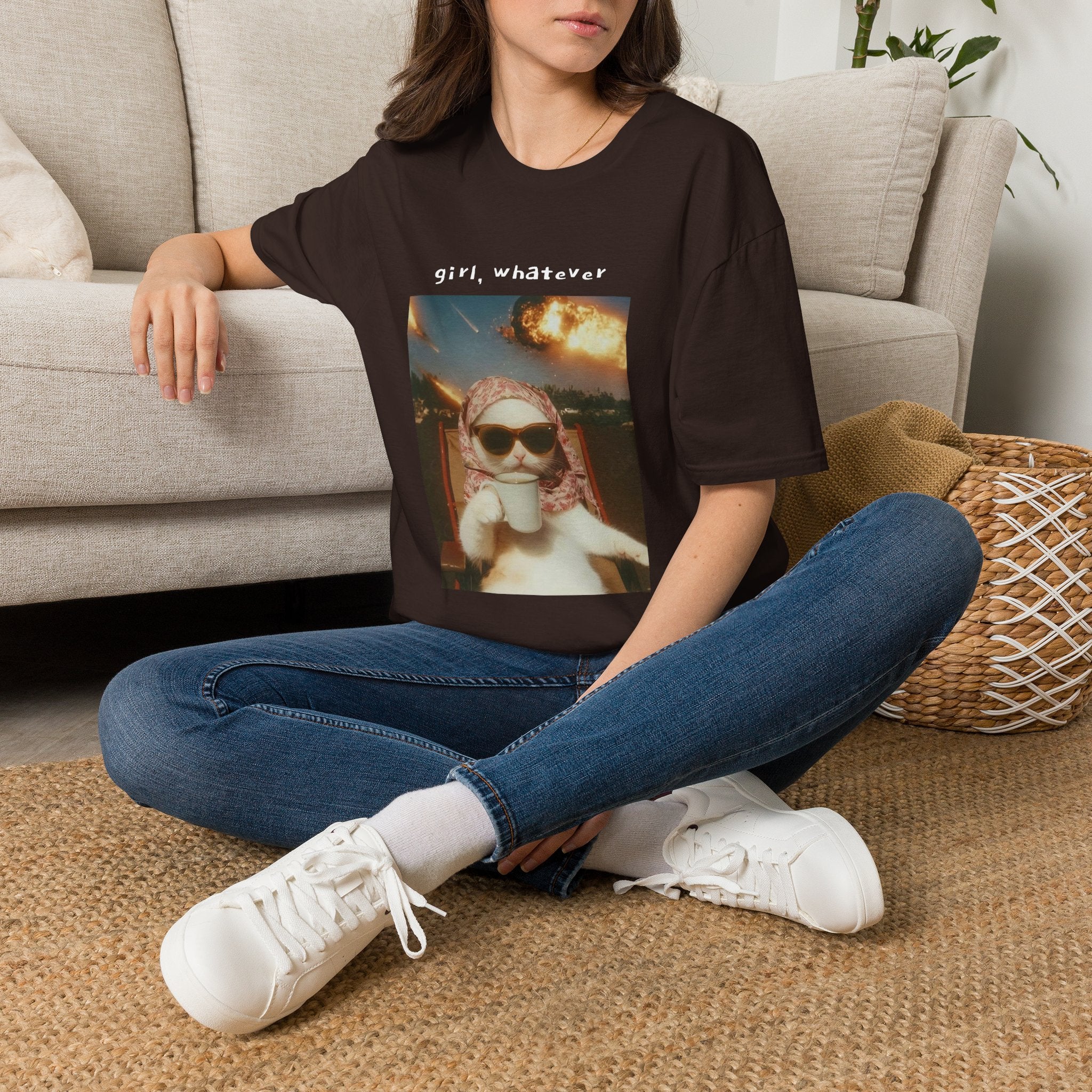 T-Shirt — 'girl, whatever' Cat Photo Tee | Funny Retro Sunset Graphic