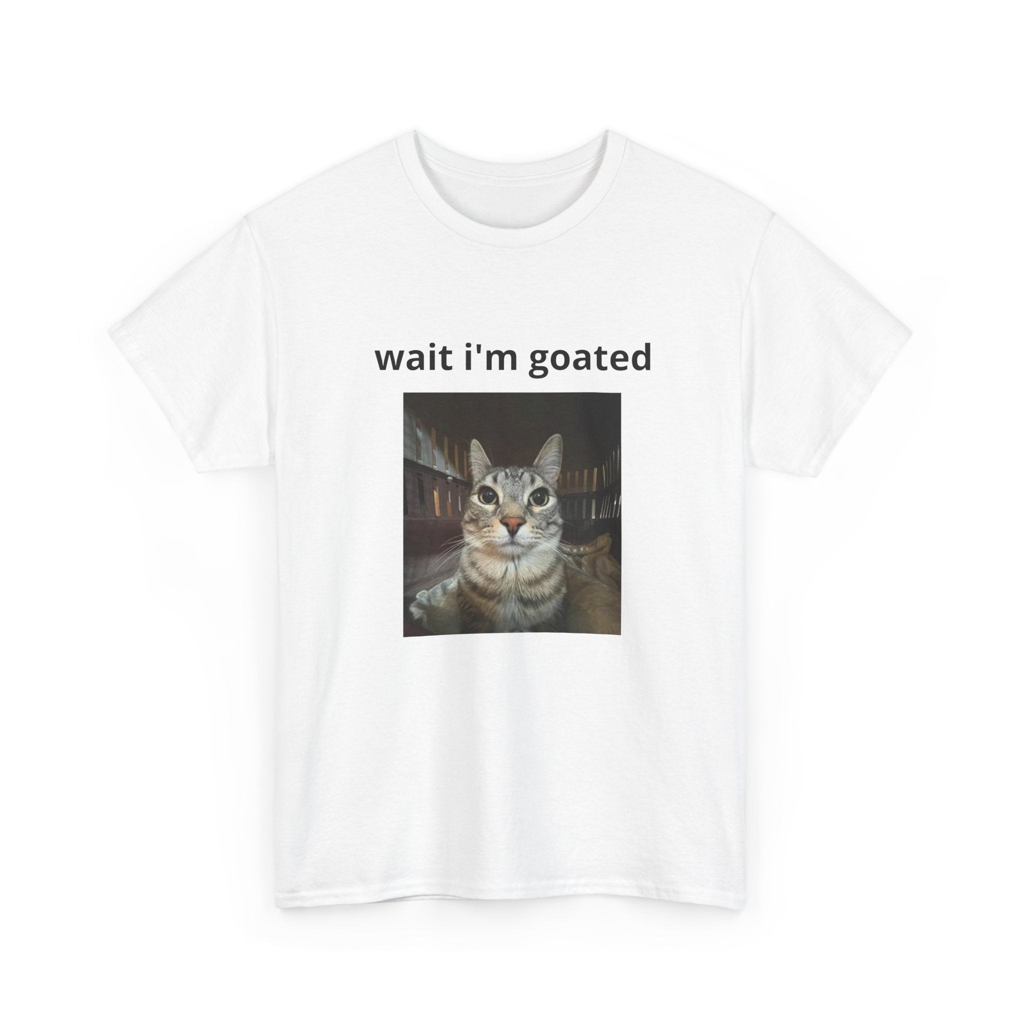 Cat Meme T‑Shirt – “wait i’m goated” Funny Cat Photo Tee