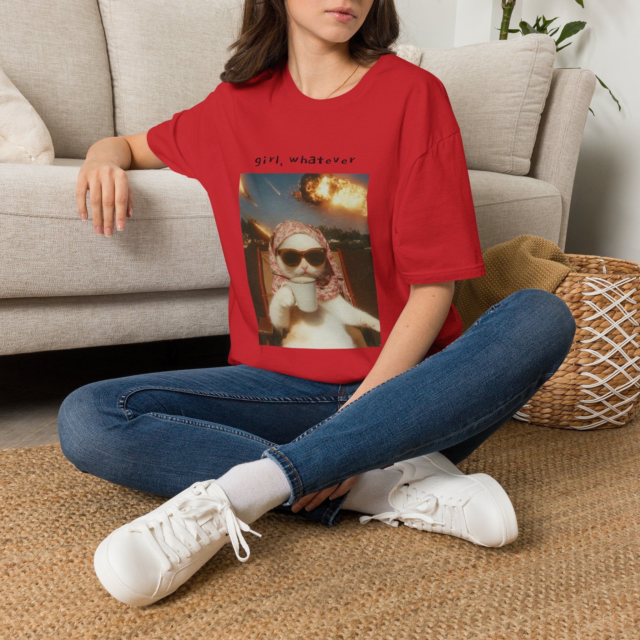 T-Shirt — 'girl, whatever' Cat Photo Tee | Funny Retro Sunset Graphic