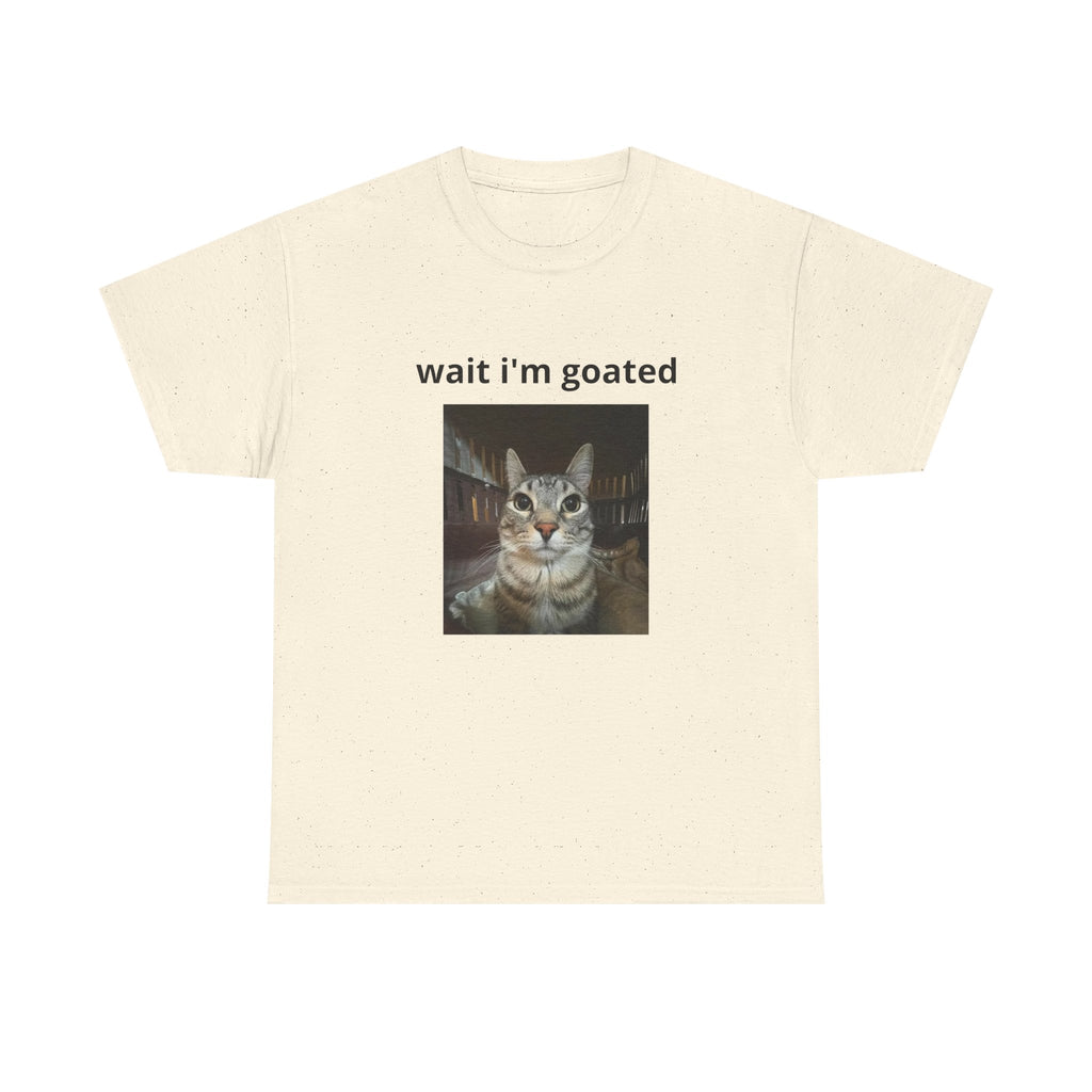 Cat Meme T‑Shirt – “wait i’m goated” Funny Cat Photo Tee